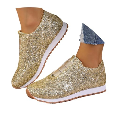 Schuhe Glitzer Damen Gold, Glitzer Schuhe Damen Flache Low Sneaker Karneval Pailletten Schuhe - Atmungsaktiv Silber Turnschuhe Party Outdoor Sportschuhe Laufschuhe Klettverschluss Schnürsenkel von Sunnyuk