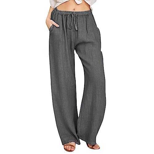 musselin pyjama damen lang, Leinenhose Damen Sommer Leicht Lang Sommerhose Lockere Weite Hose Freizeithose Casual Leinen Stoffhose Palazzo Hose Elegant Strandhose Hohe Taille mit Tunnelzug und Taschen von Sunnyuk