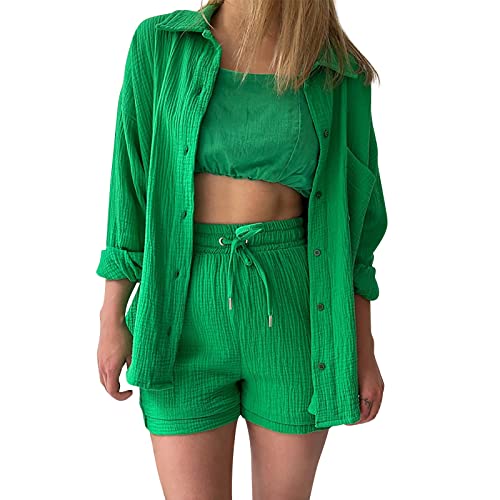 sommer zweiteiler damen elegant, Zweiteiler Damen Sommer Outfits Musselin Bluse und Shorts, Aesthetic 2 Teiler Lounge Set Elegant Baumwolle Sportanzug Oversize Hosenanzug Langarm Hausanzug Y2K Clothes von Sunnyuk