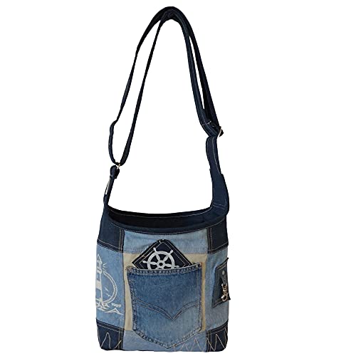 Sunsa Damen Hobo Tasche. Nachhaltige Umhängetasche aus recycelter Jeans & Canvas. Vintage Stil Maritim Tasche für Meerliebhaber in blau/beige von Sunsa