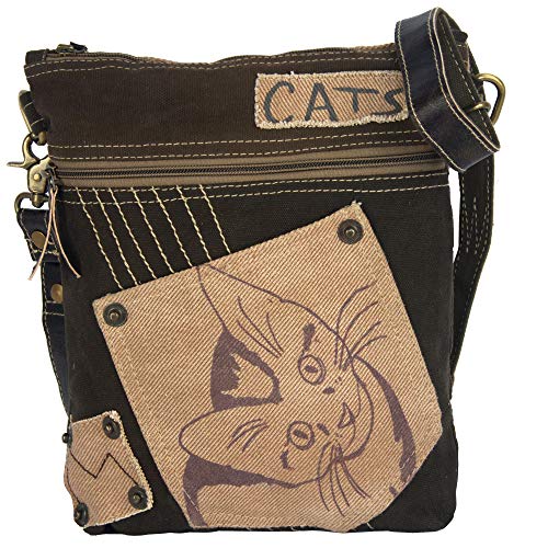 Sunsa Damen Tasche mit Katzenmotiv. Vintage Stil Umhängetasche aus Canvas & Leder. Nachhaltige Produkte. Schultertasche für Katzenliebhaber. Crossover bag mit viel Fächer von Sunsa