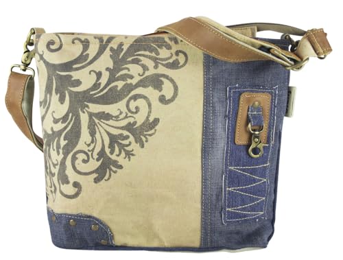 Sunsa Damen Umhängetasche Tasche aus recycelten Jeans Canvas & Leder, Nachhaltige beige/blau Jeanstasche mit Mandala. Damentasche in Retro/Vintage Design von Sunsa
