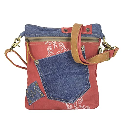 Sunsa Damen Umhängetasche. Nachhaltige Tasche aus recycelte Jeans Canvas & Leder. Rot/blau Vintage Stil Schultertasche. von Sunsa
