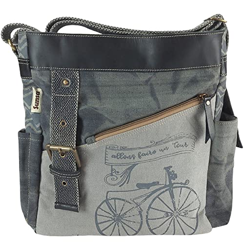 Sunsa Handtasche Damen Umhängetasche aus Canvas & Leder. Vintage Stil Tasche mit Fahrradmotiv. Nachhaltige Crossbody Bag-Große Kapazität mit mehreren Fächern von Sunsa