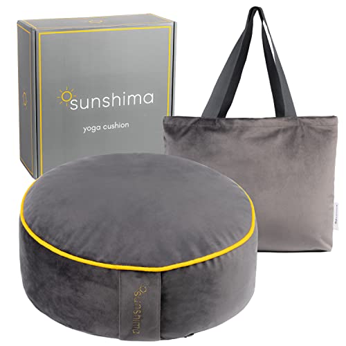 Sunshima Yoga Meditationskissen - Zafu Yogakissen, rundes Buchweizen- und Lavendel-Bodenkissen aus luxuriösem Samtstoff mit wunderschöner goldener Verzierung, Geschenkbox und Tragetasche von Sunshima