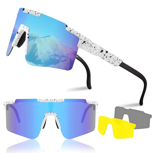 Schnelle Brille,Fahrradbrille mit 2 Wechselgläser,Fahrradbrille Herren Damen mit Verstellbarem Bügel,Polarisierte Sonnenbrille UV400,Schutzbrille Rave Radsportbrille zum Laufen Glof Ski im Freien von Sunwuun