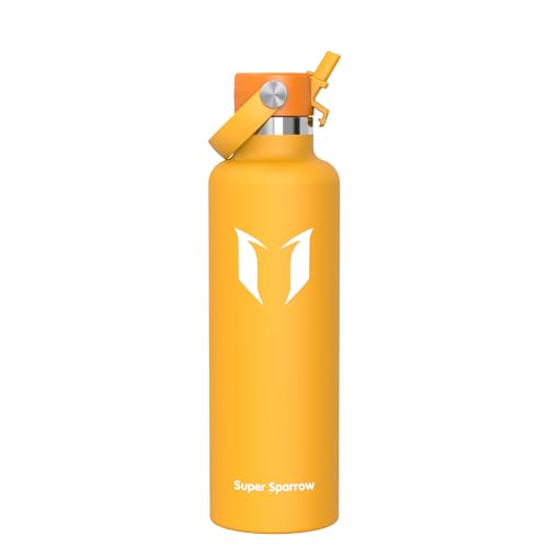 Super Sparrow Edelstahl Trinkflasche Kinder - 18/10 Ultraleicht Thermobecher - 1L - Standardmund Stroh-Deckel - BPA-Frei Thermoskanne, Thermosflasche für Sport, Travel, Schule, Outdoor, Büro von Super Sparrow