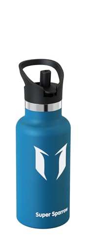 Super Sparrow Edelstahl Trinkflasche Kinder - 18/10 Ultraleicht Thermobecher - 350ml - Standardmund Stroh-Deckel - BPA-Frei Thermoskanne, Thermosflasche für Sport, Travel, Schule, Outdoor, Büro von Super Sparrow