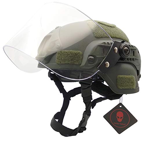 Airsoft Tactical MICH 2000 Military Paintball Army Combat Helm mit klarem Riot Visier Face Shield Gleitbrille & Seitenschiene NVG Mount OD Grün von Supspy