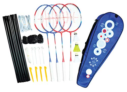 Sure Shot London 4 Player Set6 Badmintonschläger Set mit 4 x Erwachsenenschlägern und 3 Federbällen inkl. tragbarem Netz und Pfosten und Tragetasche, rot/weiß/blau, 26.35cm von Sure Shot
