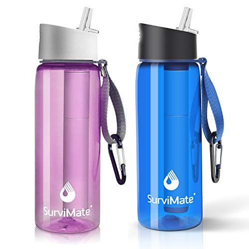 SurviMate Gereinigte Wasserflasche für Camping, Wandern, Rucksackreisen und Reisen, BPA-frei, mit integriertem Filterstrohhalm in 4 Stufen von SurviMate