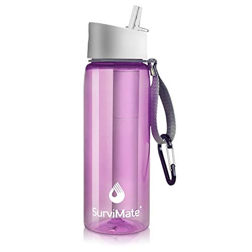 SurviMate Unisex-Erwachsene Gefilterte Wasserflasche für Camping, Wandern, Rucksackreisen und Reisen, BPA-frei, mit 4-stufigem integriertem Strohhalm (Pink), 22oz von SurviMate
