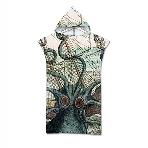 Surwin Surf Poncho Handtuch mit Kapuze, Tier Drucken Badeponcho Damen Herren, Strand Poncho Kapuze Mikrofaser Schnelltrocknend Strandtücher Bademantel Badetuch Schwimmen (Sirene Oktopus,75x110cm) von Surwin