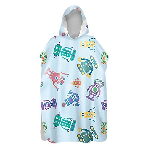 Surwin Surf Poncho Handtuch mit Kapuze, Tiere Drucken Badeponcho Herren Damen Kinder, Strand Poncho Kapuze Schnelltrocknend Strandtücher Mikrofaser Bademantel Schwimmen (Roboter,80 * 145cm) von Surwin