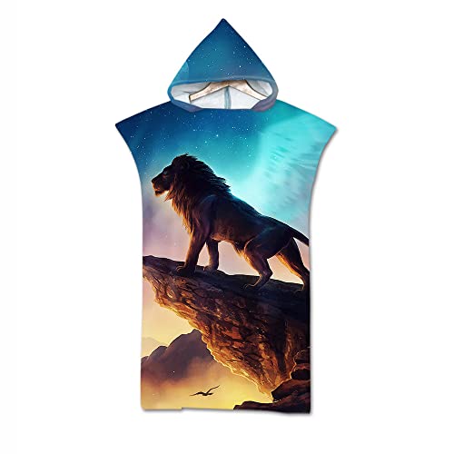 Surwin Surf Poncho Handtuch mit Kapuze, Wolf Drucken Badeponcho Damen Herren, Strand Poncho Kapuze Schnelltrocknend Strandtücher Mikrofaser Bademantel Schwimmen Badetuch (König Löwen 2,75x110cm) von Surwin