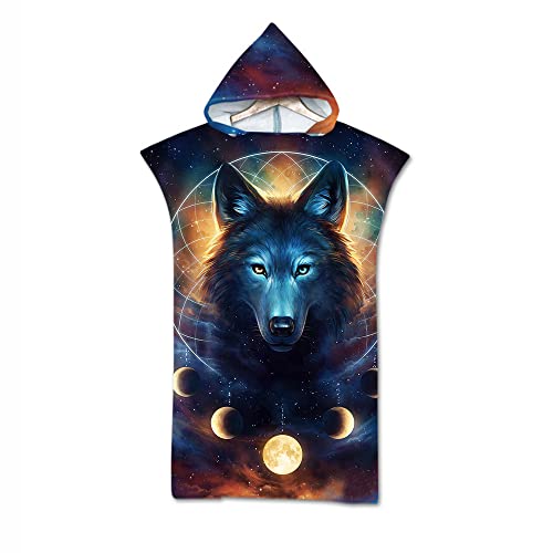 Surwin Surf Poncho Handtuch mit Kapuze, Wolf Drucken Badeponcho Damen Herren, Strand Poncho Kapuze Schnelltrocknend Strandtücher Mikrofaser Bademantel Schwimmen Badetuch (Vollmond,75x110cm) von Surwin