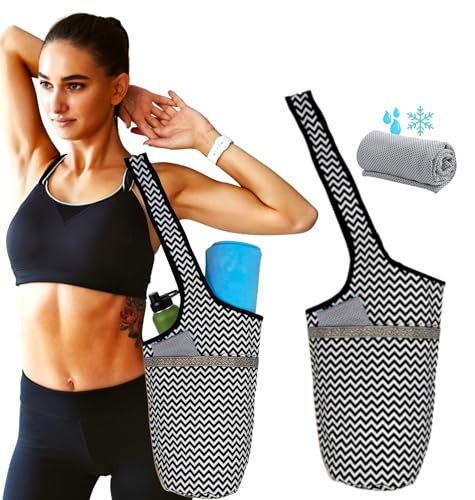 SusggO Pack Yoga-Tasche für Matte und kaltes Handtuch, kühlende Damen-Yoga-Tasche für Matte Fitnessstudio Handtuch Mikrofaser-Handtuch. Multifunktionstasche für Yogamatte Pilates Fitness (Zickzack) von SusggO