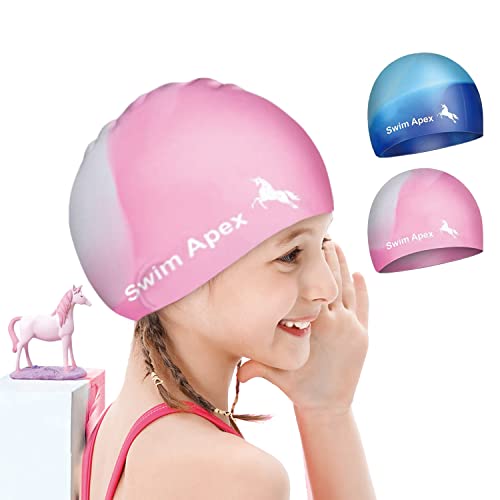 Swim Apex Silikon-Badekappe 2er-Pack für Mädchen / Jungen / Kinder / Teenager mit Langen Lockigen Haaren Dreadlocks, 3D Weich Dehnbar, Langlebig und rutschfest, Geräumig, Einfach an- und Auszuziehen von Swim Apex