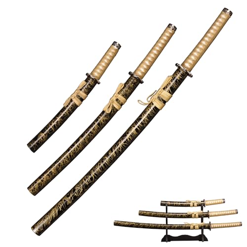 FullTang Balck Katana Set of 3 Samurai Sword with Display Stand 1045 Medium Carbon Steel von Sword Valley