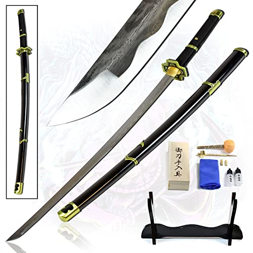 Swords and more One Piece Roronoa Zoro Yubashiri Schwert, schwarz, handgeschmiedet und gefaltet - Set, Samurai Schwerter echt scharf mit Schwertpflegeset 105cm, Zoro Schwert von Swords and more