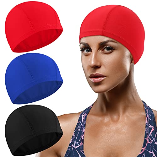 3 Stück Elastische Badekappen Bequemer Stoff Schwimmhaube Unisex Badehaube rutschfeste Schwimmkappen für Frauen Männer Kinder（Schwarz, Rot, Marineblau） von Syhood