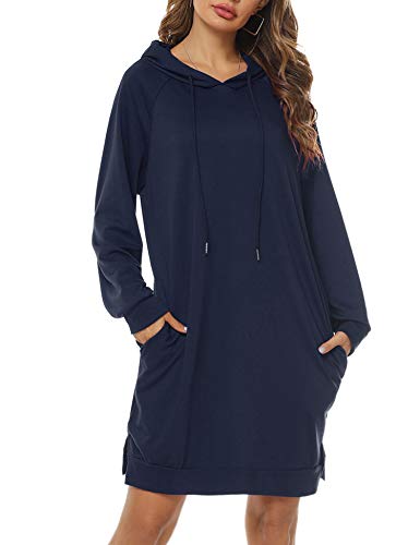 Sykooria Damen Hoodie Kleid Casual Kapuzenpullover Lang Sweatshirts mit Taschen, Navy Blau von Sykooria