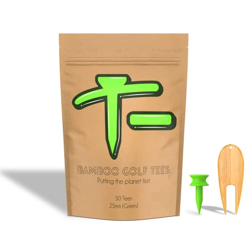 T- Golf Tee aus Bambus – 50 x 25 mm Castle Tee (grün) – stark, robust und umweltfreundlich – inklusive Reparaturwerkzeug aus Bambus von T-