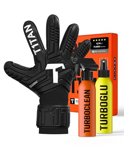 T1TAN Classic 1.0 Black-Out (FP) + Turbogrip & Turboglu - Torwarthandschuhe mit Handschuhreiniger und Grip Booster - mit Fingerschutz - Fußballhandschuhe für Torhüter - Größe 7 von T1TAN