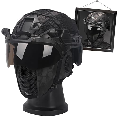TACWJDM Taktisches Airsoft Helm Set - Paintball Verdickter Fast MH Helm + 90° Klappbrille + Stahl Halbgitter Maske + Multifunktions Helmüberzug von TACWJDM