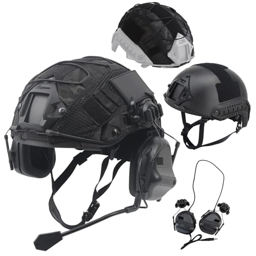 TACWJDM Taktisches Airsoft Paintball Fast Headset + Verdickter MH-Helm + Multifunktions Helmüberzug Kommunikations Version/Version Mit Geräuschreduzierung Optional(Black PRO,L) von TACWJDM