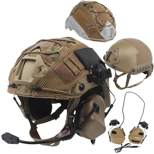 TACWJDM Taktisches Airsoft Paintball Fast Headset + Verdickter MH-Helm + Multifunktions Helmüberzug Kommunikations Version/Version Mit Geräuschreduzierung Optional(Tan,M) von TACWJDM