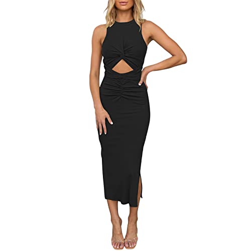 TAIMOWEI Sommerkleid Damen Cut Out Kleid mit Schlitz Bodycon Elegant Ärmellos Rundhals Knielang Kleider Figurbetontes Midikleider von TAIMOWEI