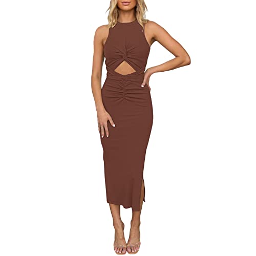 TAIMOWEI Sommerkleid Damen Cut Out Kleid mit Schlitz Bodycon Elegant Ärmellos Rundhals Knielang Kleider Figurbetontes Midikleider von TAIMOWEI