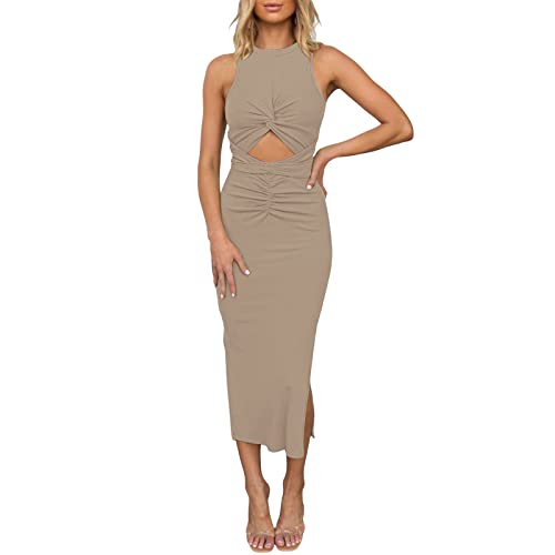TAIMOWEI Sommerkleid Damen Cut Out Kleid mit Schlitz Bodycon Elegant Ärmellos Rundhals Knielang Kleider Figurbetontes Midikleider von TAIMOWEI