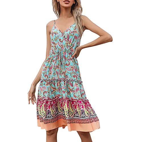 TAIMOWEI Sommerkleid Damen Tunika Kleid 3/4 Ärmel V Ausschnitt Schnürung Fransen Blumendruck Boho Damenkleid Blumenkleid Abendkleid Rüschen Strandkleid Cocktailkleid Mini Kleider von TAIMOWEI