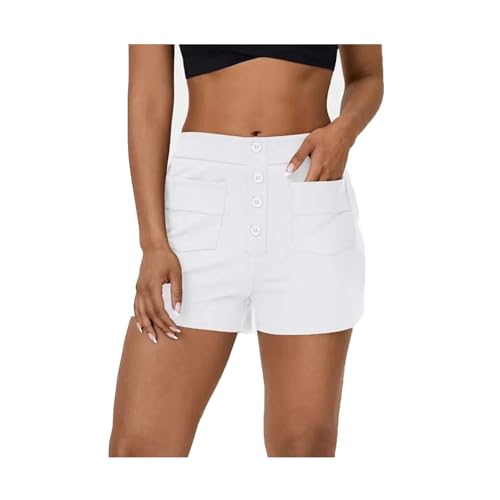 Cargo-Shorts für Damen Yoga Laufshorts mit hoher Taille Lässige Shorts mit Knopfleiste und Taschen (White,Large) von TAITUS