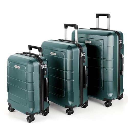 TANTOMI Kofferset 3 Teilig Hartschale aus ABS+PC – Reisekoffer Set mit 4 Drehbaren Rollen (360°), Gepäck-Sets mit Aluminium-Teleskopstange und 3 Stelige-Zahlenschloss (Luggage Set,HellesDunkelgrün) von TANTOMI