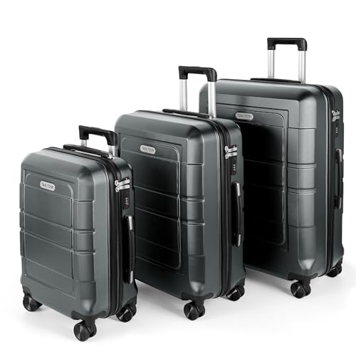 TANTOMI Kofferset 3 Teilig Hartschale aus ABS+PC – Reisekoffer Set mit 4 Drehbaren Rollen (360°), Gepäck-Sets mit Aluminium-Teleskopstange und 3 Stelige-Zahlenschloss (Luggage Set, Dunkelgrau) von TANTOMI