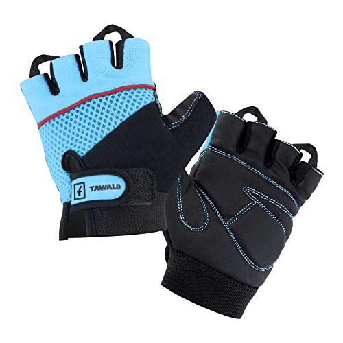 TAVIALO Fitnesshandschuhe, Trainingshandschuhe für Damen, Handschuh Größe M (16-19 cm), Farbe Schwarz/Blau, doppelt verstärkte Leder-Handinnenfläche von TAVIALO