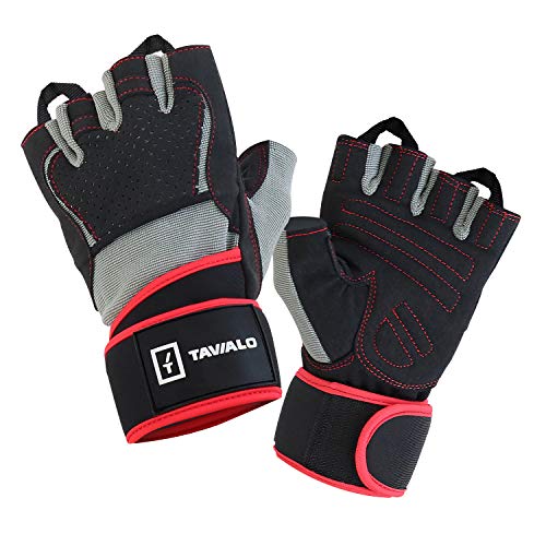 TAVIALO Fitnesshandschuhe, Trainingshandschuhe für Herren, Handschuh Größe L (19-22 cm), Grau/Schwarz/Rot, doppelt verstärkte Handinnenfläche, stabilisierender Handgelenkriemen von TAVIALO