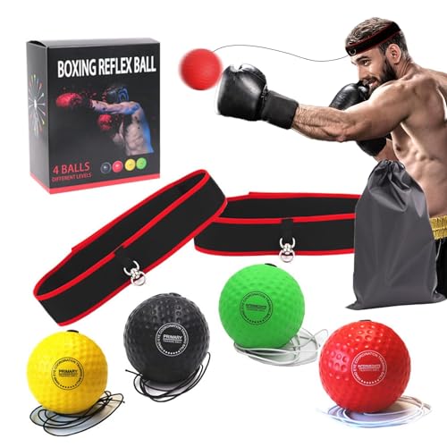 TBLMPNE Boxen Reflexball 4 Verschiedene Boxbälle mit Kopfband, Perfekt für Reaktion, Schlaggeschwindigkeit, Agilität, Kampf Geschicklichkeit und Hand-Auge-Hand-Koordination (4 Stück) von TBLMPNE