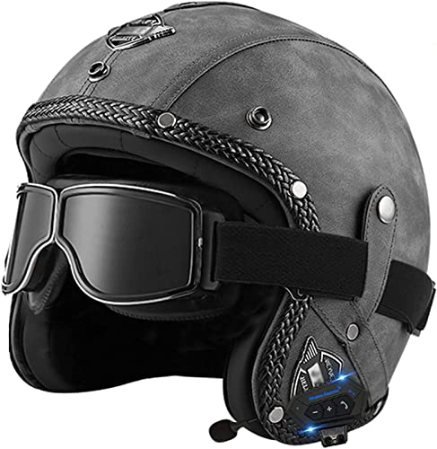 Motorradhelm Bluetooth Jethelme mit Visier 3/4 Open Face Motorrad Helm Herren Damen ECE Zertifizierung Retro Motorrad Halbhelm Scooter Roller Motorrad-Helm(Schwarz, braun) 2,M(57-58CM) von TBTBZXCV