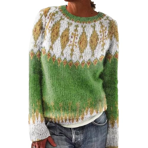 TBloevwlh Bunte Strickjacke Pullover Damen Y2K Vintage Geometrische Plaid Sweater Langarm Loose Rundhals Strickpullover Casual Sweatshirt Pulli Elegant Jumper Oberteile Oversize Gelb 3XL von TBloevwlh