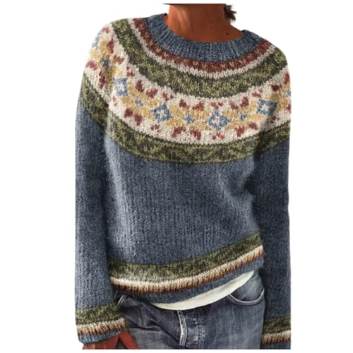 TBloevwlh Winterpullover Damen Pullover Damen Y2K Vintage Geometrische Plaid Sweater Langarm Loose Rundhals Strickpullover Casual Sweatshirt Pulli Elegant Jumper Oberteile Oversize Blau S von TBloevwlh