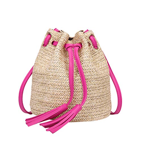 TDEOK Frauen-Taschen-Feste hohe Eimer-Schulter-Kapazitäts-Webart-Quasten-Mode-Farben-Tasche Turnbeutel Stoffbeutel (Hot Pink, One Size) von TDEOK