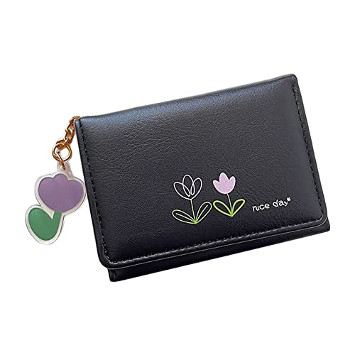 TDEOK Mode Frauen ID Kurze Brieftasche Blumen Drucke Tasche Hasp Geldbörse Mehrere Kartenfächer Clutch Bag Brieftasche Kartenetui (Black, One Size) von TDEOK