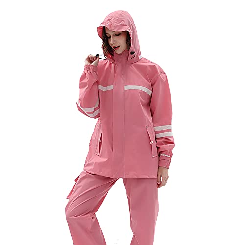 TDHLW Regenjacke Herren Wasserdicht Atmungsaktiv Fahrrad Doppeltem Split Regenbekleidung Regenhose Set Fahrradjacke Damen Reflektierend Jacke mit Wasserdichtem Hut,Rosa,L von TDHLW