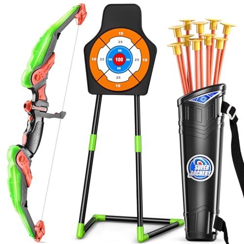 TEMI Bogen und Pfeil Set für Kinder mit LED-Leuchten-Bogenschießen Set mit Saugnapf Pfeile, Quivers-Ziel, Outdoor Spielzeug für Kinder Jungen und Mädchen Alter 3-12 Jahre Alt von TEMI