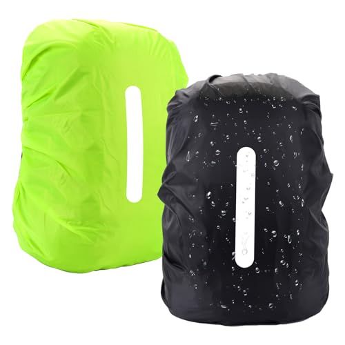 2er Regenschutz Rucksack mit Reflexstreifen, wasserdichte Regenhülle Schulranzen Reflektierender Rucksacküberzug, für Outdoor Camping Wandern mit Reflektorstreifen Sicherheitshülle (Schwarz + Grün) von TERJBG