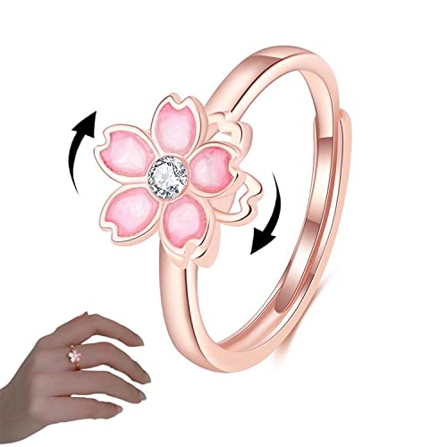 TETHY Sakura Flower Spinner Ring, S925 Verstellbarer Spinner Ring, Linderung von Angst, Stress, Langeweile, beruhigende Sorge, Meditationsringe, Halskettenschmuck (Ring) von TETHY